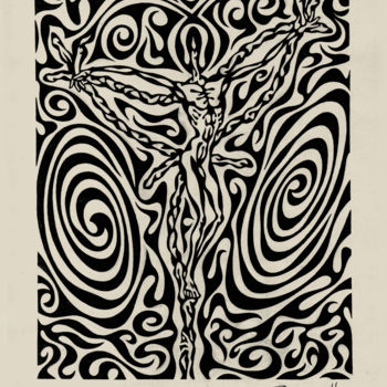 Drawing titled "Fire crucifixion" by Nikolai Sednin (Nicolas Sednin), Original Artwork, Ink