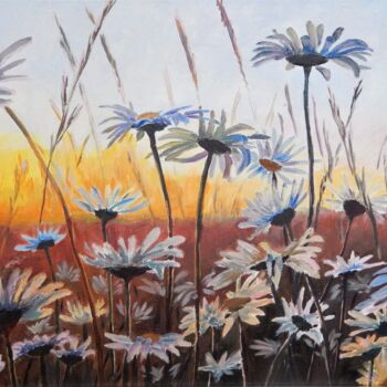 Painting titled "Chamomile at Sunset…" by Natalia Fedotovskikh, Original Artwork, Oil Mounted on Wood Stretcher frame