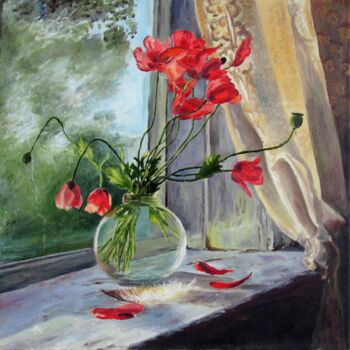Painting titled "Poppies at the wind…" by Natalia Fedotovskikh, Original Artwork, Oil Mounted on Wood Stretcher frame