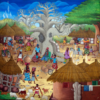 Peinture intitulée "Au village" par Segson, Œuvre d'art originale, Huile Monté sur Châssis en bois