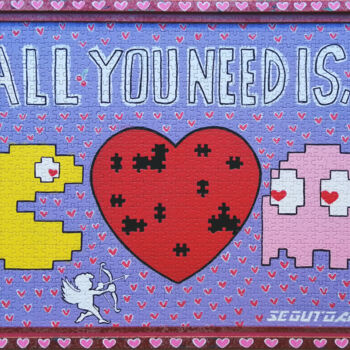 Malerei mit dem Titel "ALL YOU NEED IS..." von Segutoart, Original-Kunstwerk, Sprühfarbe Auf Holzplatte montiert