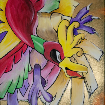 Painting titled "Golden Bird" by Seko One, Original Artwork, Acrylic Mounted on Wood Stretcher frame