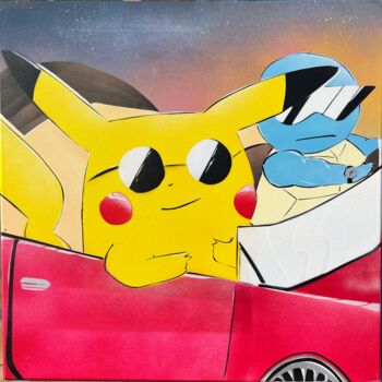 Painting titled "Squirtle & 'Kuch" by Seko One, Original Artwork, Spray paint Mounted on Wood Stretcher frame