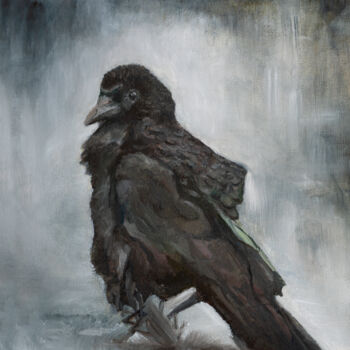 Peinture intitulée "Corbeau vague sous…" par Sélène Cannet, Œuvre d'art originale, Huile Monté sur Carton