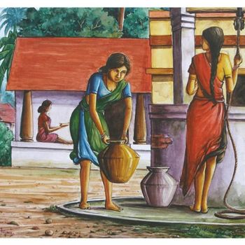 Painting titled "South indian villag…" by Selva, Original Artwork, Watercolor