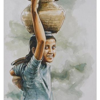 Painting titled "Indian Girl" by Selva, Original Artwork, Watercolor