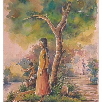 Painting titled "Village kids near w…" by Selva, Original Artwork, Watercolor