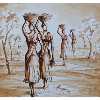 Pintura intitulada "Indian Village women" por Selva, Obras de arte originais