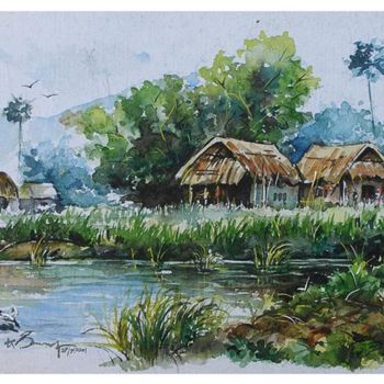 Painting titled "Village near water" by Selva, Original Artwork