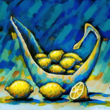 Pintura titulada "Lemons on Blue Back…" por Evgen Semenyuk, Obra de arte original, Oleo