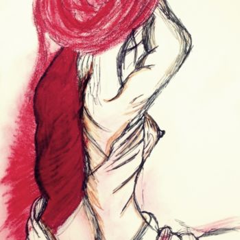 Painting titled "woman with red" by Semihaoner, Original Artwork, Pastel