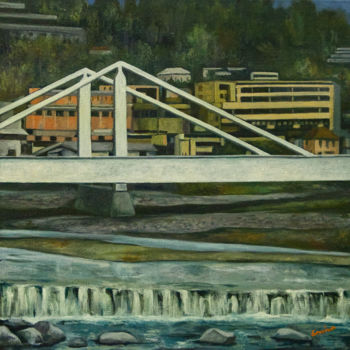 Painting titled "The white bridge" by Claudio Semino, Original Artwork, Oil Mounted on Wood Stretcher frame