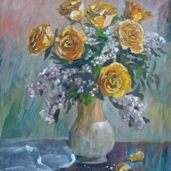 Картина под названием "Желтые розы в вазе" - Орест, Подлинное произведение искусства, Масло
