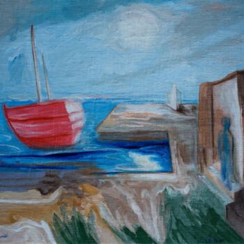 Schilderij getiteld "The Drunken Boat" door Sentio O.M.T., Origineel Kunstwerk, Olie Gemonteerd op Houten paneel