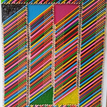Painting titled "crayons de couleurs…" by Serge Arnaud, Original Artwork, Pencil Mounted on Wood Stretcher frame