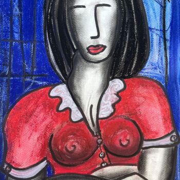 Painting titled "Lila et sa robe rou…" by Serge Berry, Original Artwork, Pastel