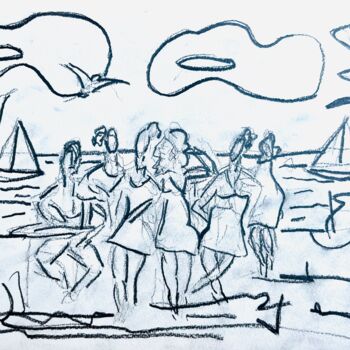 Drawing titled "Fête sur la plage" by Serge Berry, Original Artwork, Pencil