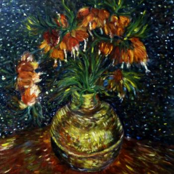 Painting titled "Fritilaires" by Serge Boisse, Original Artwork, Oil Mounted on Wood Panel