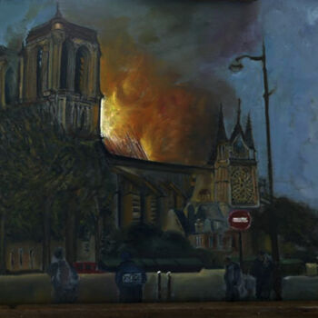 Painting titled "Notre Dame incendie" by Serge Krief, Original Artwork, Oil