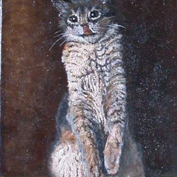 Painting titled "chat gourmand" by Serge Krief, Original Artwork, Oil
