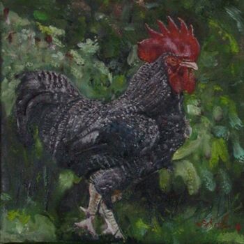 Painting titled "coq sur fond d'herbe" by Serge Krief, Original Artwork, Oil