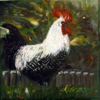 Painting titled "coq à col blanc" by Serge Krief, Original Artwork, Oil