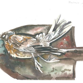 Painting titled "Dead bird" by Sergey Loznitsa, Original Artwork, Watercolor
