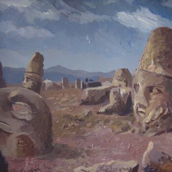 Painting titled "Mt Nemrut Dagi" by Serge Salis, Original Artwork, Oil Mounted on Cardboard