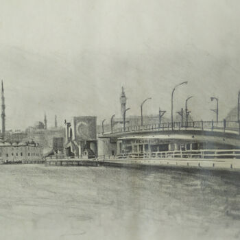 Drawing titled "Le pont de Galata I…" by Serge Salis, Original Artwork, Pencil Mounted on Other rigid panel