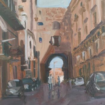 Painting titled "Centre historique d…" by Serge Salis, Original Artwork, Oil Mounted on Other rigid panel