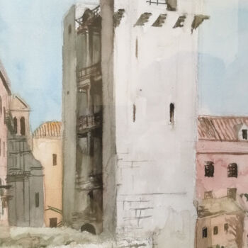 Painting titled "La Torre dell'Elefa…" by Serge Salis, Original Artwork, Watercolor Mounted on Wood Panel
