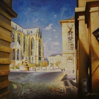 Peinture intitulée "Metz la cathédrale…" par Serge Santini, Œuvre d'art originale, Huile Monté sur Carton