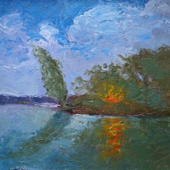Painting titled "Evening on the lake…" by Serge Syrok, Original Artwork, Oil Mounted on Wood Stretcher frame