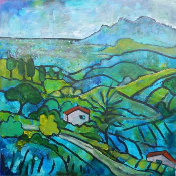 Pintura intitulada "Paysage bleu/vert" por Serge Thiery, Obras de arte originais, Acrílico