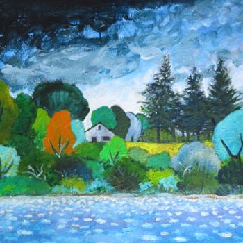 Painting titled "L'Etang" by Serge Thiery, Original Artwork, Acrylic