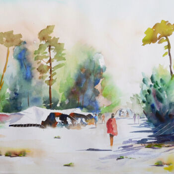 Картина под названием "Vacances au camping…" - Serge Tissot, Подлинное произведение искусства, Акварель
