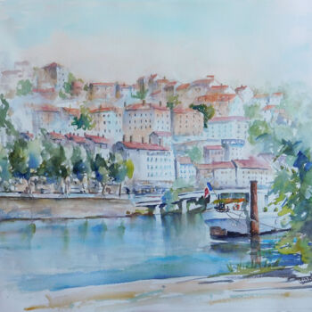 Peinture intitulée "Quai du Rhône à Lyon" par Serge Tissot, Œuvre d'art originale, Aquarelle