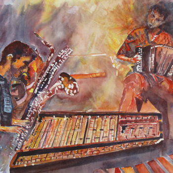 Painting titled "Musique populaire" by Serge Brizai, Original Artwork, Watercolor