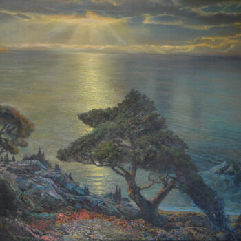 Painting titled "Sea evening" by Sergei Lisitsyn, Original Artwork, Oil Mounted on Wood Stretcher frame