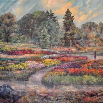 Painting titled "Rose garden after t…" by Sergei Lisitsyn, Original Artwork, Oil Mounted on Wood Stretcher frame
