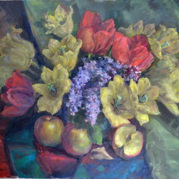Ζωγραφική με τίτλο "Flowers and fruits" από Sergei Lisitsyn, Αυθεντικά έργα τέχνης, Λάδι Τοποθετήθηκε στο Ξύλινο φορείο σκελ…