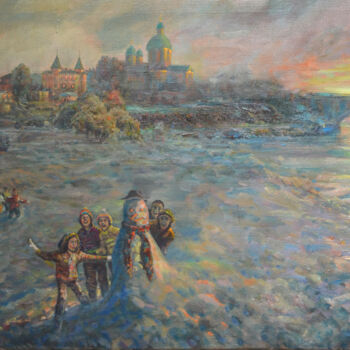 Painting titled "Winter evening on R…" by Sergei Lisitsyn, Original Artwork, Oil Mounted on Wood Stretcher frame