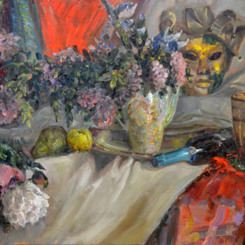 Painting titled "Still life with mas…" by Sergei Lisitsyn, Original Artwork, Oil