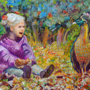 Painting titled "Meeting a bird" by Sergei Lisitsyn, Original Artwork, Oil Mounted on Cardboard