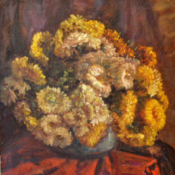 Peinture intitulée "Bouquet sur la table" par Sergei Lisitsyn, Œuvre d'art originale, Huile Monté sur Carton