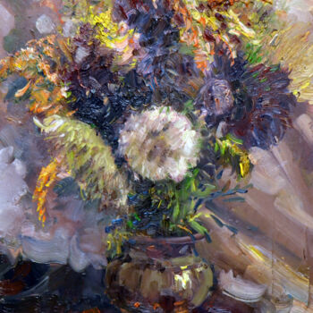 Painting titled "Autumn flowers" by Sergei Lisitsyn, Original Artwork, Oil Mounted on Cardboard