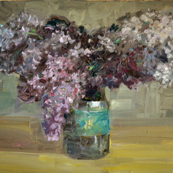 Painting titled "Lilac" by Sergei Lisitsyn, Original Artwork, Oil Mounted on Cardboard