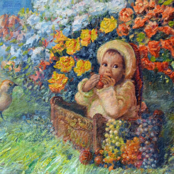 Peinture intitulée "Baby among flowers" par Sergei Lisitsyn, Œuvre d'art originale, Huile