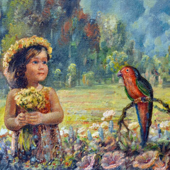 Pittura intitolato "Girl picking flowers" da Sergei Lisitsyn, Opera d'arte originale, Olio