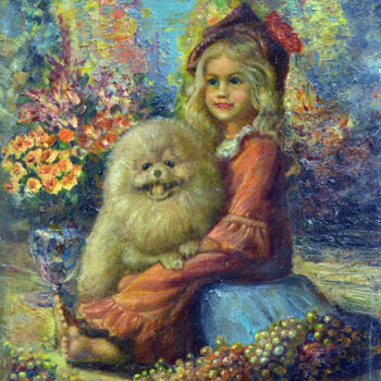 Peinture intitulée "Girl with a dog" par Sergei Lisitsyn, Œuvre d'art originale, Huile
